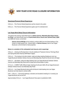 New Year's Eve Road Closure Information