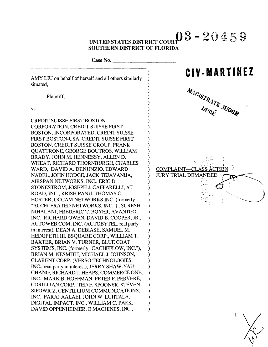 Amy Liu, Et Al. V. Credit Suisse First Boston Corp., Et Al. 03-CV-20459