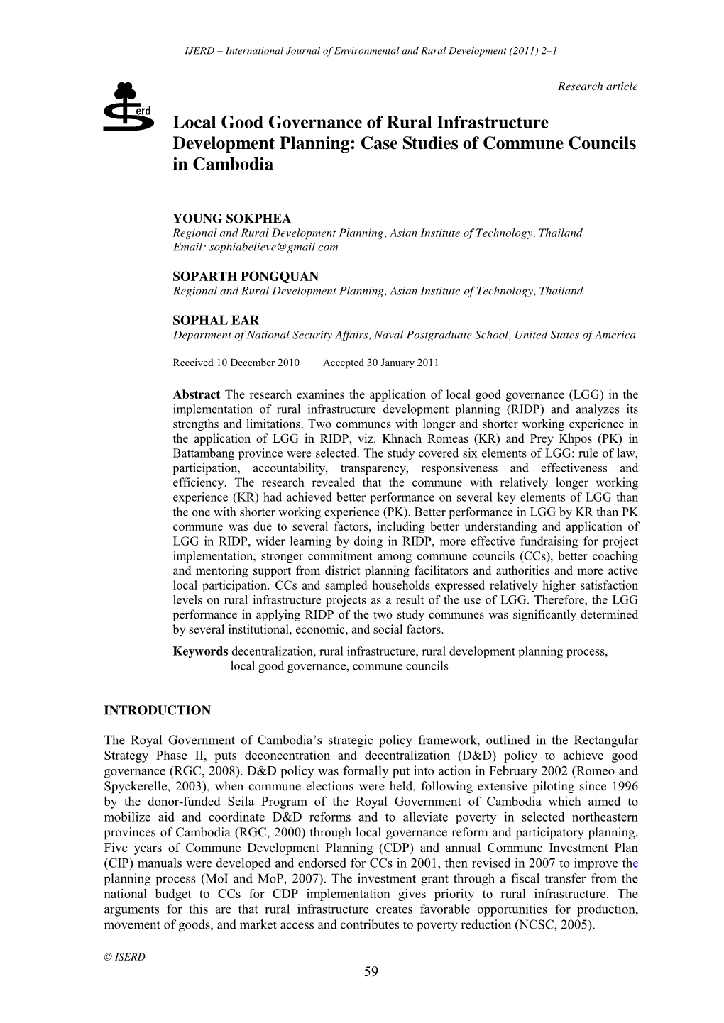 Local Good Governance of Rural Infrastructure Development Planning: Case Studies of Commune Councils in Cambodia