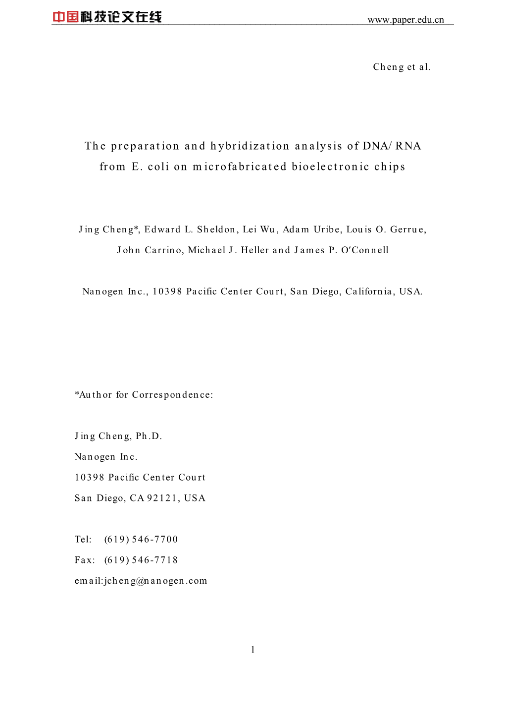 The Preparation and Hybridization Analysis of DNA/RNA from E. Coli on Microfabricated Bioelectronic Chips