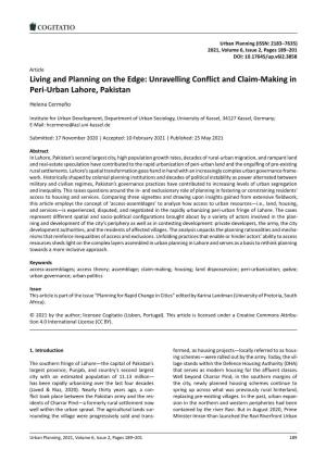 Living and Planning on the Edge: Unravelling Conflict and Claim‐Making in Peri‐Urban Lahore, Pakistan