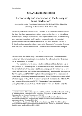 Discontinuity and Innovation in the History of Jaina Meditation* (Appeared In: Asian Traditions of Meditation