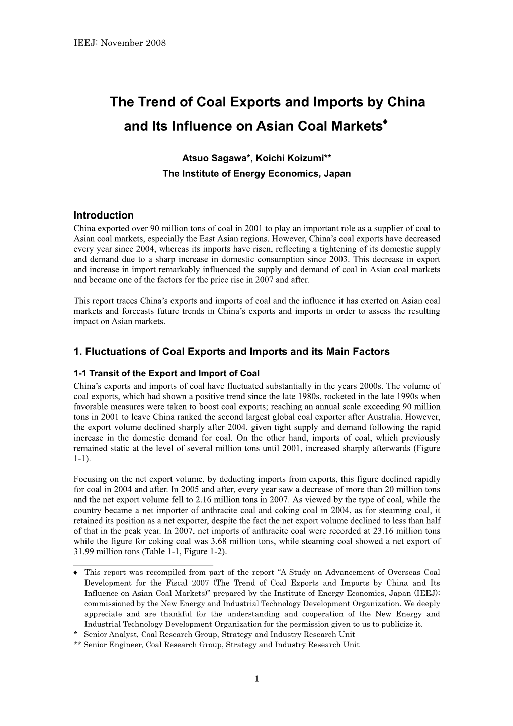 The Trend of Coal Exports and Imports by China and Its Influence on Asian Coal Markets