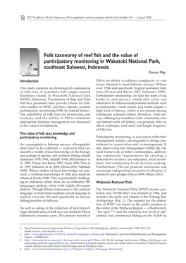 Folk Taxonomy of Reef Fish and the Value of Participatory Monitoring in Wakatobi National Park, Southeast Sulawesi, Indonesia Duncan May1