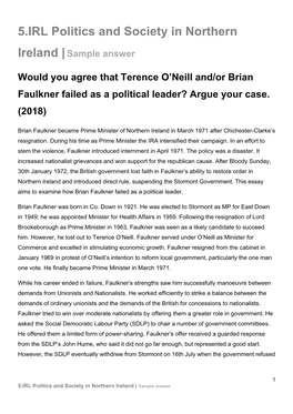 5.IRL Politics and Society in Northern Ireland |Sample Answer Would You Agree That Terence O'neill And/Or Brian Faulkner Failed As a Political Leader?