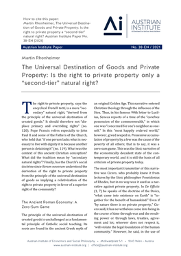 The Universal Destination of Goods and Private Property: Is the Right to Private Property Only a “Second-Tier” Natural Right?
