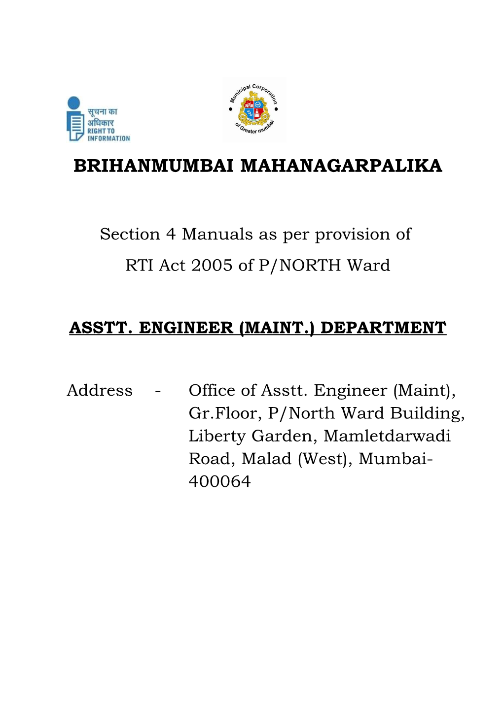 Section 4 Manuals As Per Provision of RTI Act 2005 of P/NORTH Ward