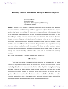 Veterinary Science in Ancient India: a Study on Historical Perspective