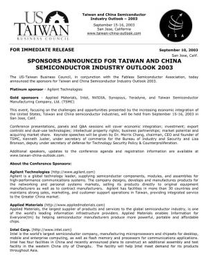 Sponsors Announced for Taiwan and China Semiconductor Industry Outlook 2003