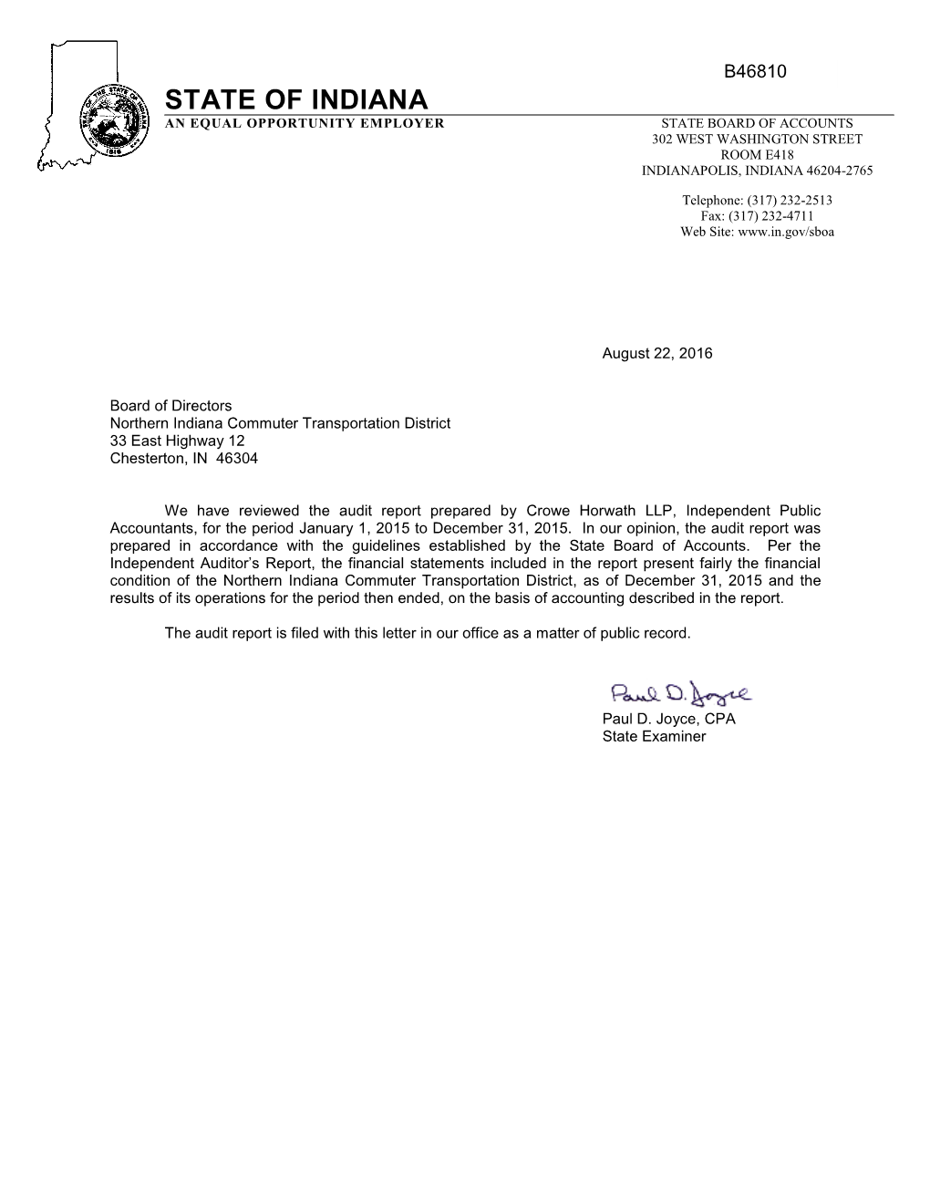 State of Indiana an Equal Opportunity Employer State Board of Accounts 302 West Washington Street Room E418 Indianapolis, Indiana 46204-2765