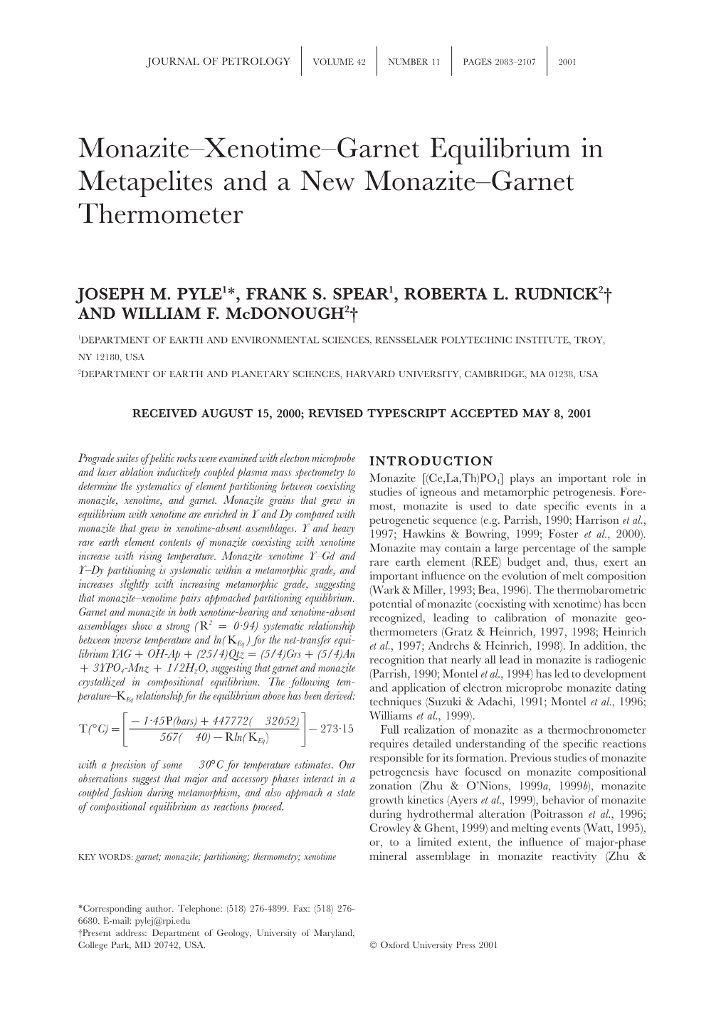 Monazite–Xenotime–Garnet Equilibrium in Metapelites and a New Monazite–Garnet Thermometer