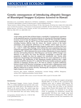 Genetic Consequences of Introducing Allopatric Lineages of Bluestriped Snapper (Lutjanus Kasmira) to Hawaii