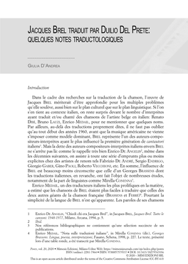 Jacques Brel Traduit Par Duilio Del Prete: Quelques Notes Traductologiques