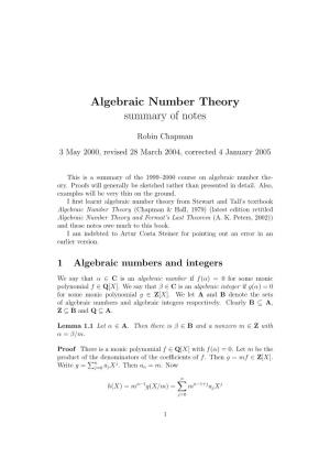 Algebraic Number Theory Summary of Notes