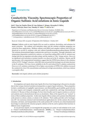 Conductivity, Viscosity, Spectroscopic Properties of Organic Sulfonic Acid Solutions in Ionic Liquids
