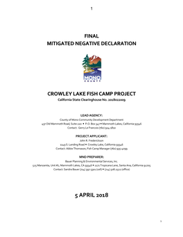 Final Mitigated Negative Declaration Crowley Lake Fish Camp Project