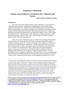 Beelzebub’ Timothy and Al-Jāḥiẓ on Christians in the ʿabbāsid Legal System Andrew Platt and Nathan P
