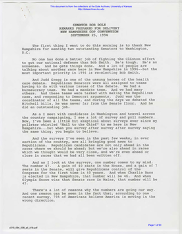 Senator Bob Dole Remarks Prepared for Delivery New Hampshire Gop Convention September 25, 1994