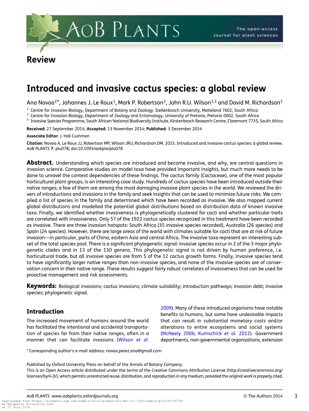 Introduced and Invasive Cactus Species: a Global Review