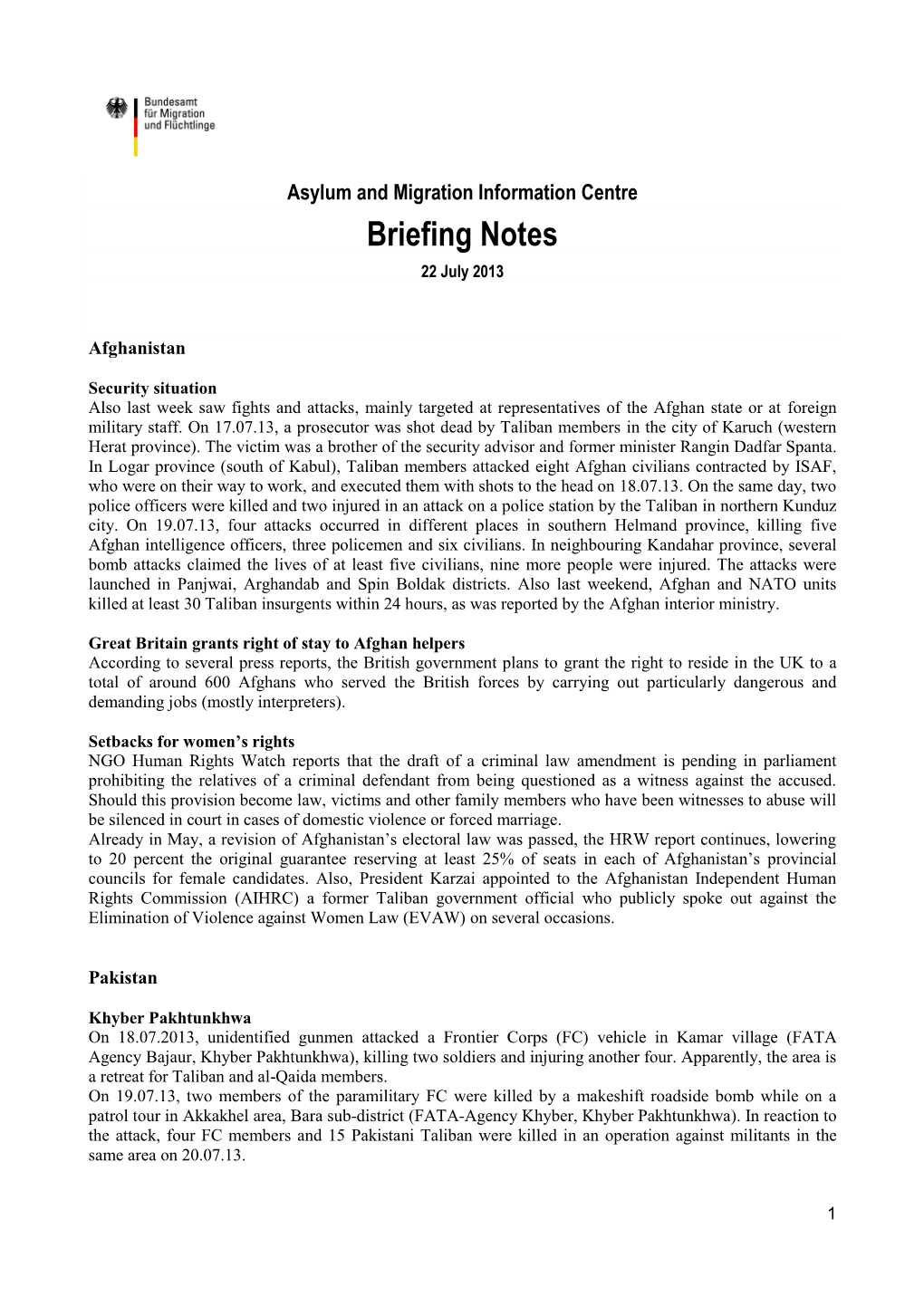 Briefing Notes 22 July 2013
