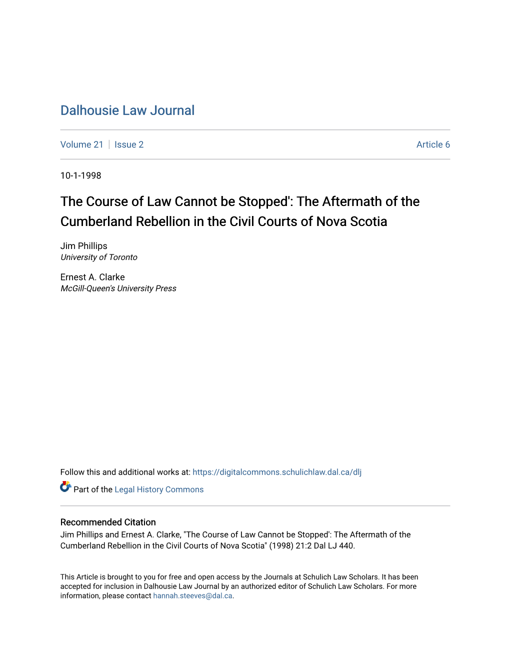 The Course of Law Cannot Be Stopped': the Aftermath of the Cumberland Rebellion in the Civil Courts of Nova Scotia