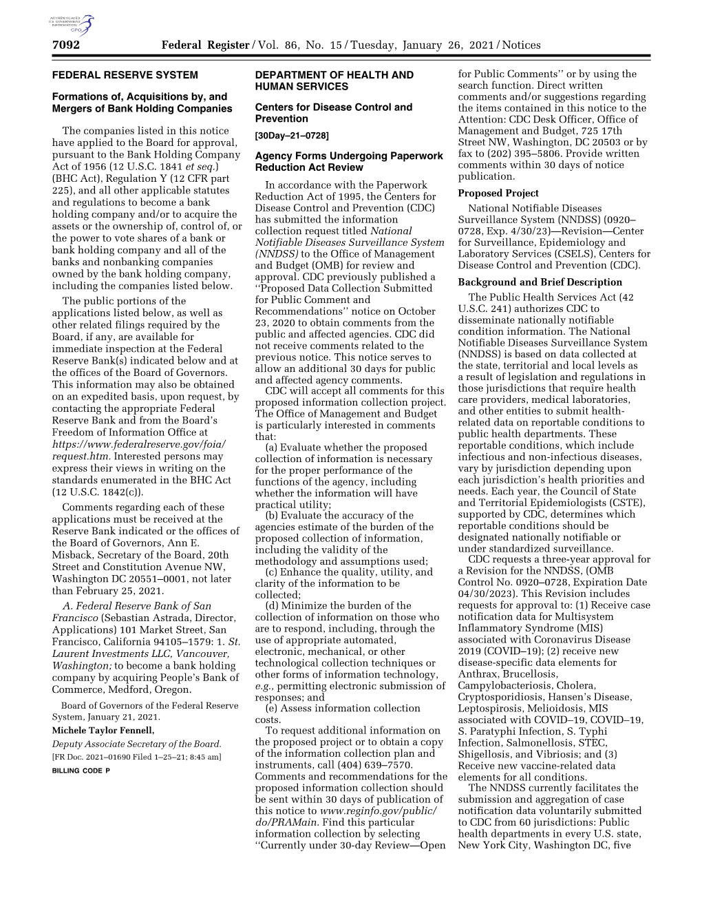 Federal Register/Vol. 86, No. 15/Tuesday, January 26, 2021/Notices