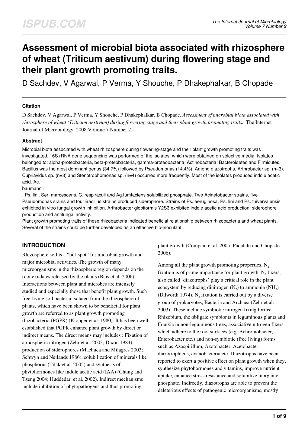 During Flowering Stage and Their Plant Growth Promoting Traits. D Sachdev, V Agarwal, P Verma, Y Shouche, P Dhakephalkar, B Chopade