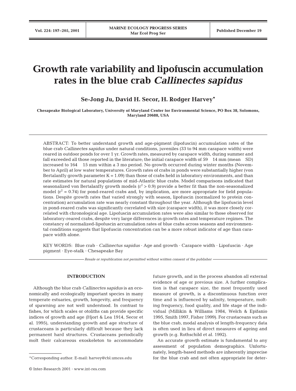 Growth Rate Variability and Lipofuscin Accumulation Rates in the Blue Crab Callinectes Sapidus