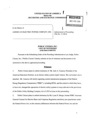 Public Citizen, Inc. List of Witnesses and Documents