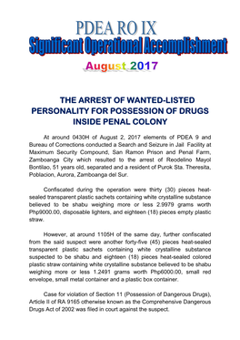 The Arrest of Wanted-Listed Personality for Possession of Drugs Inside Penal Colony