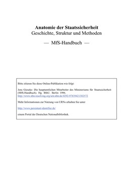 Anatomie Der Staatssicherheit Geschichte, Struktur Und Methoden — Mfs-Handbuch —