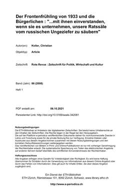 Der Frontenfrühling Von 1933 Und Die Bürgerlichen : "...Mit Ihnen Einverstanden, Wenn Sie Es Unternehmen, Unsere Ratssäle Vom Russischen Ungeziefer Zu Säubern"