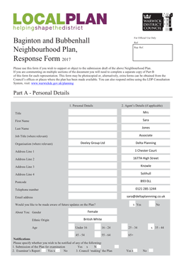 Baginton and Bubbenhall Neighbourhood Plan, Response Form 2017