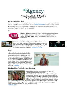 Television, Radio & Theatre September 2019