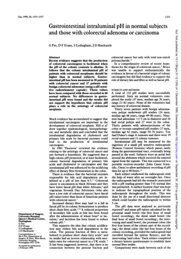 Gastrointestinal Intraluminal Ph in Normal Subjects and Those with Colorectal Adenoma Or Carcinoma