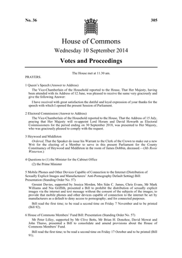 House of Commons Wednesday 10 September 2014 Votes and Proceedings