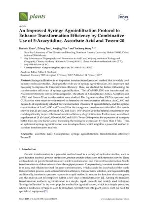 An Improved Syringe Agroinfiltration Protocol to Enhance Transformation Efficiency by Combinative Use of 5-Azacytidine, Ascorbat