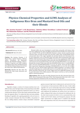 Physico-Chemical Properties and GCMS Analyses of Indigenous Rice Bran and Mustard Seed Oils and Their Blends