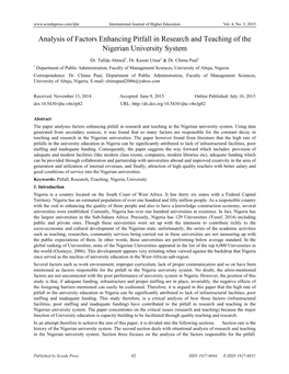 Analysis of Factors Enhancing Pitfall in Research and Teaching of the Nigerian University System