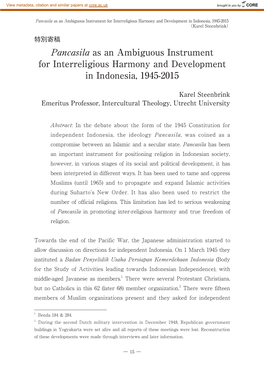 Pancasila As an Ambiguous Instrument for Interreligious Harmony and Development in Indonesia, 1945-2015 （Karel Steenbrink）