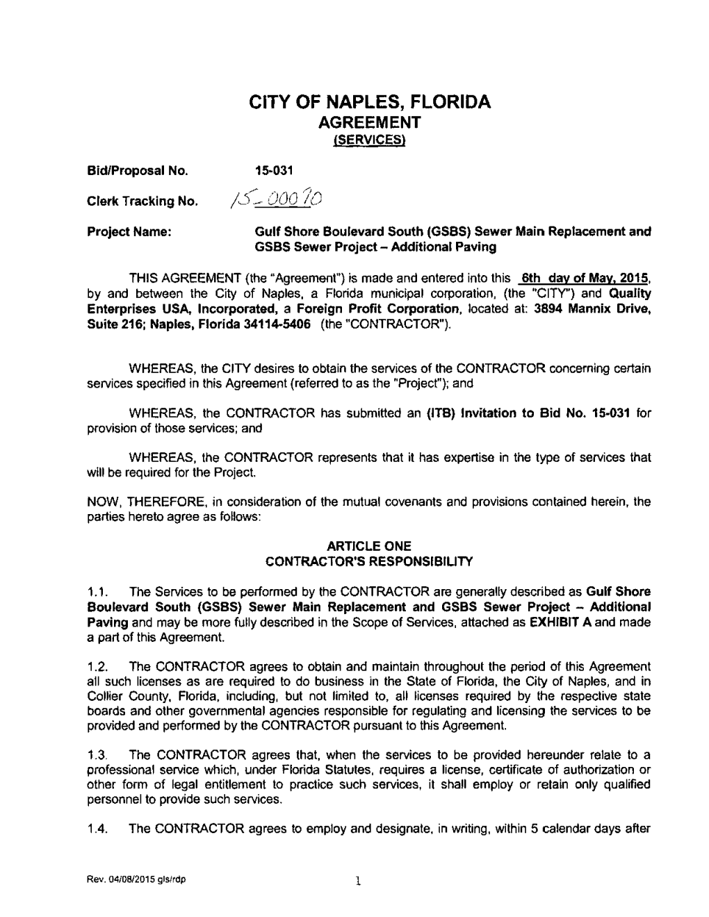 City of Naples, Florida Agreement /J