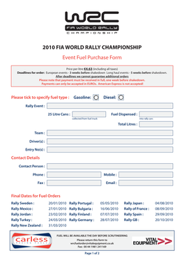 2010 FIA WORLD RALLY CHAMPIONSHIP Event Fuel Purchase Form