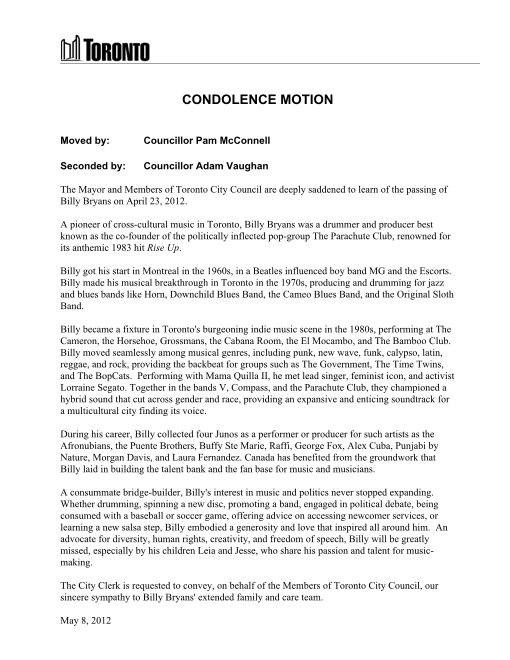 Condolence Motion Final Billy Bryans.Docx