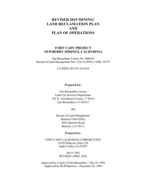 Revised 2019 Mining/ Land Reclamation Plan and Plan of Operations