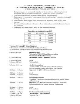 National Tropical Botanical Garden Fall 2021 Virtual Board of Trustees and Fellows Meetings Schedule of Meetings and Activities