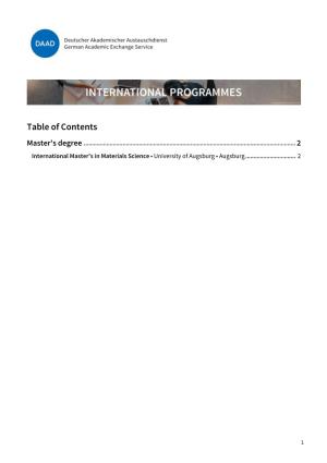 Table of Contents Master's Degree 2 International Master's in Materials Science • University of Augsburg • Augsburg 2