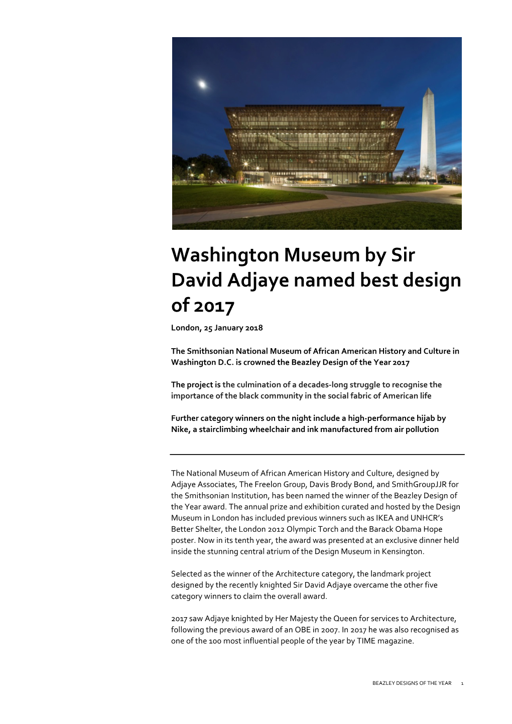 Washington Museum by Sir David Adjaye Named Best Design of 2017 London, 25 January 2018