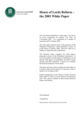 House of Lords Reform: the 2001 White Paper