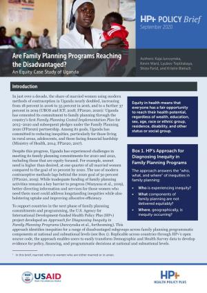 Are Family Planning Programs Reaching the Disadvantaged? an Equity Case Study of Uganda