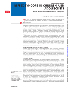 Reflex Syncope in Children and Adolescents, Its Tclinical Characteristics and Syndromes, the Approach to Diagnosis, and Finally Treatment